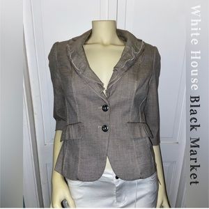 White House Black Market Blazer Jacket Womens 10 Tan/Beige Ruffle Collar, EUC